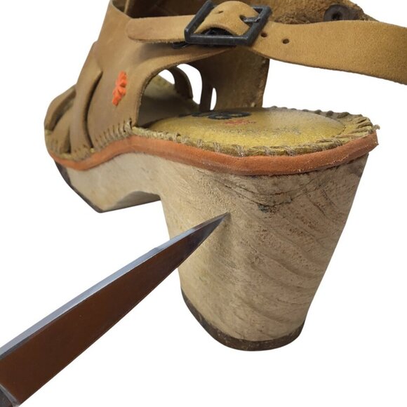 The Art Company Platform Sandals Golden Yellow Leather Wooden Heels Size 39 / 8 - Picture 11 of 12